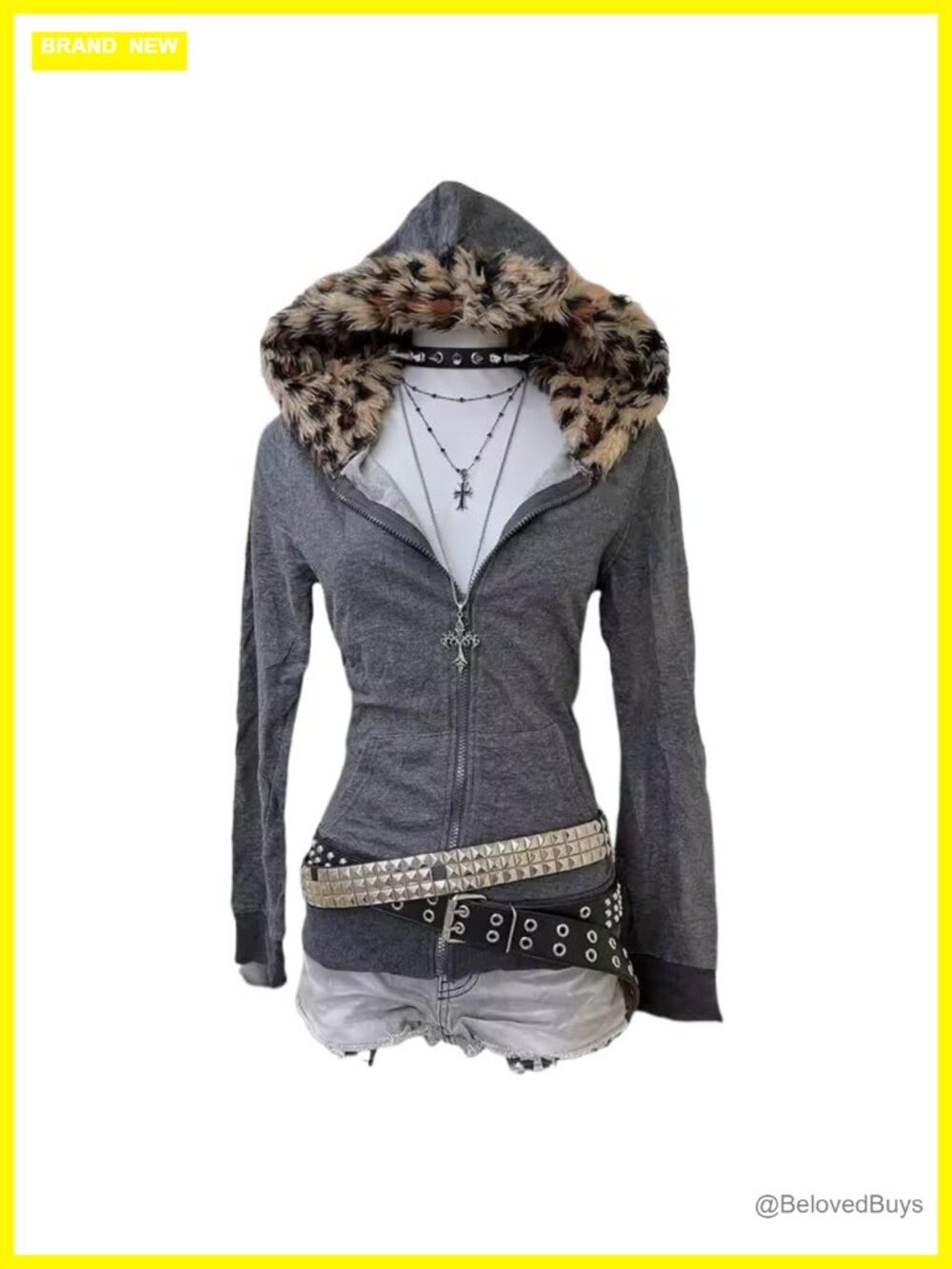 Women Y2K Zip Up Fur Hoodie Gothic Graphic Emo Grunge Jacket Oversized